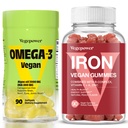 Vegan Iron Gummies + Vegan Omega-3 | Iron Supplement Support Blood Healthy & Daily Energy for Adults & Kids | Algae Omega-3 DHA Supplements for Brain, Heart Eyes Health- 90 Count