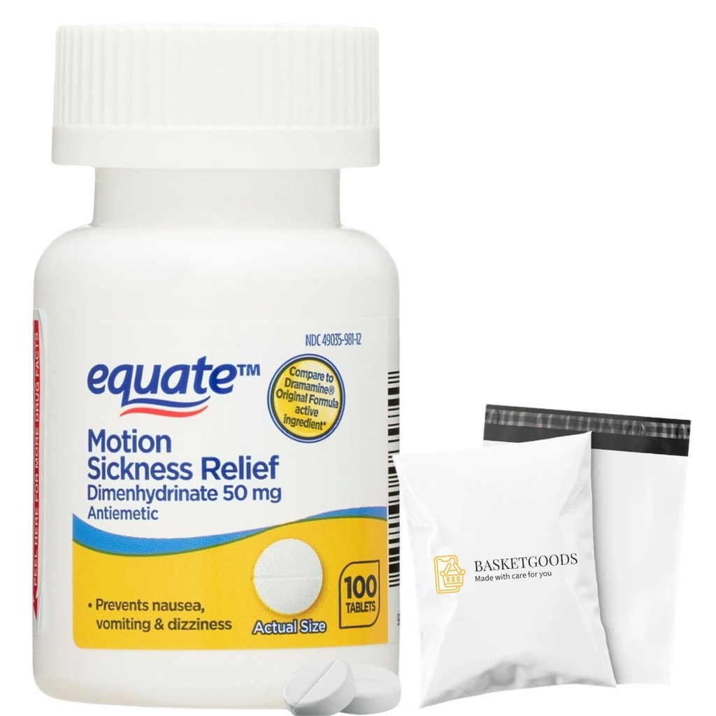 Dimenhydrinate - Equate Motion Sickness Pills - 50 mg 100 Tablets (Pack of 1), Nausea Relief, Set by Basket Goods
