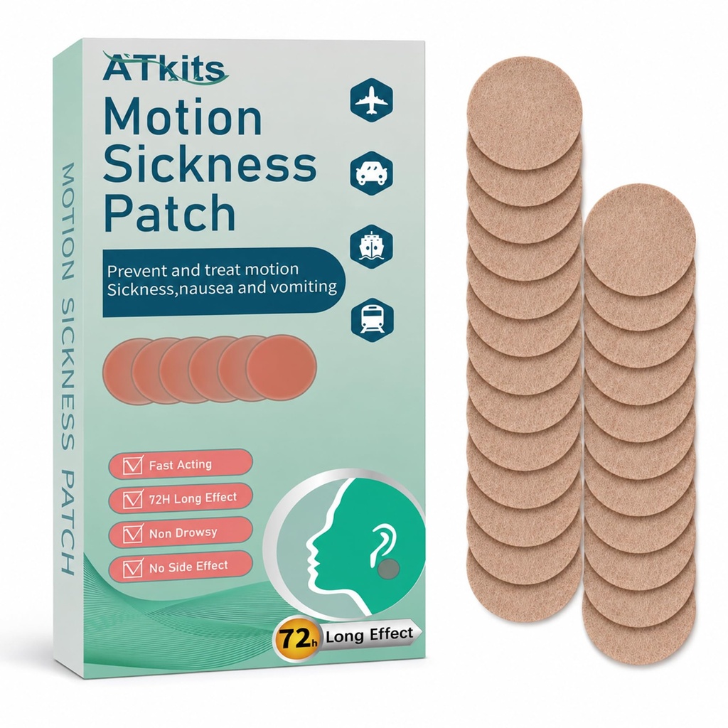 ATkits Motion Sickness Patches, Non-Drowsy, Waterproof, 40 Count | For cruise, boat, car and air travel. Waterproof behind-ear patches。 Relieve motion sickness and nausea for adults and kids.