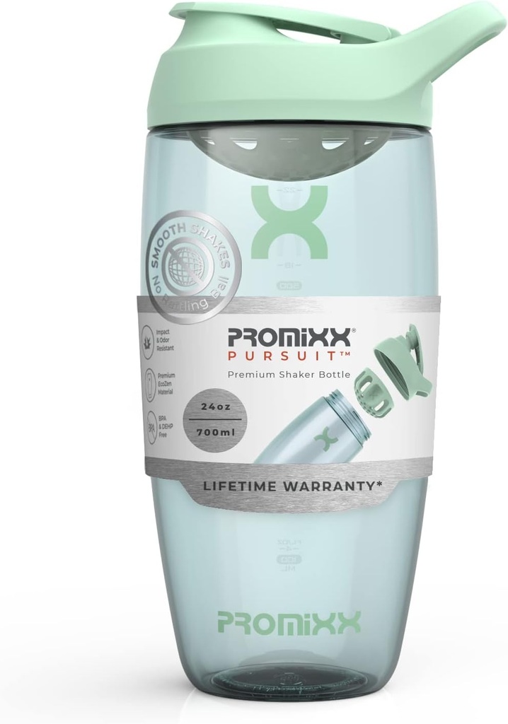 Promix Pursit Protein Shaker Steklenica (24 oz) – Tihi brez-Ball mešalnik, Leak-Proof Lid, BPA/BPS & Phthalate-free ECOZEN – Easy-Clean Shaker Cup za stresanje beljakovin, Pre & Post-workout napitki