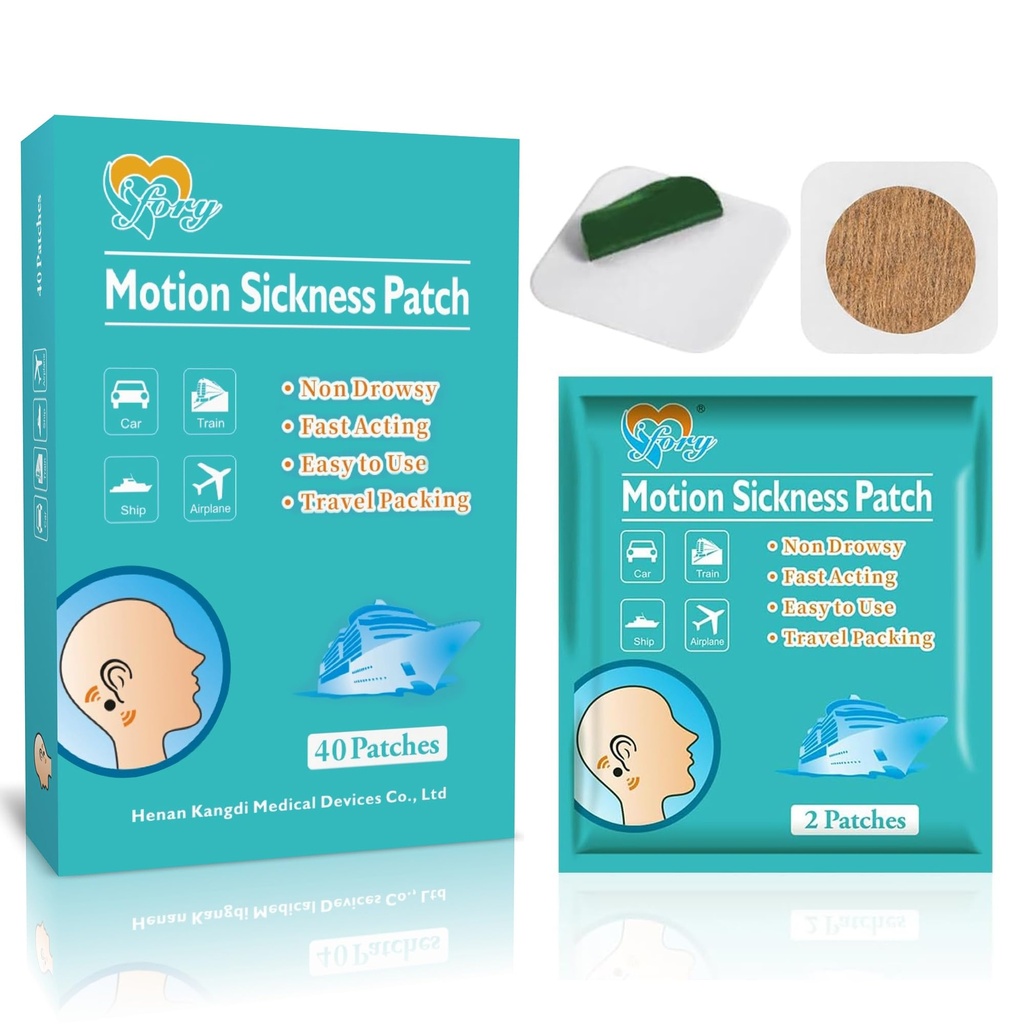40ct Motion Sickness Patches for Car, Sea Sickness Patches for Cruise | Non Drowsy, Waterproof Patch Hidden Behind Ear – Effect Lasts 72 hours