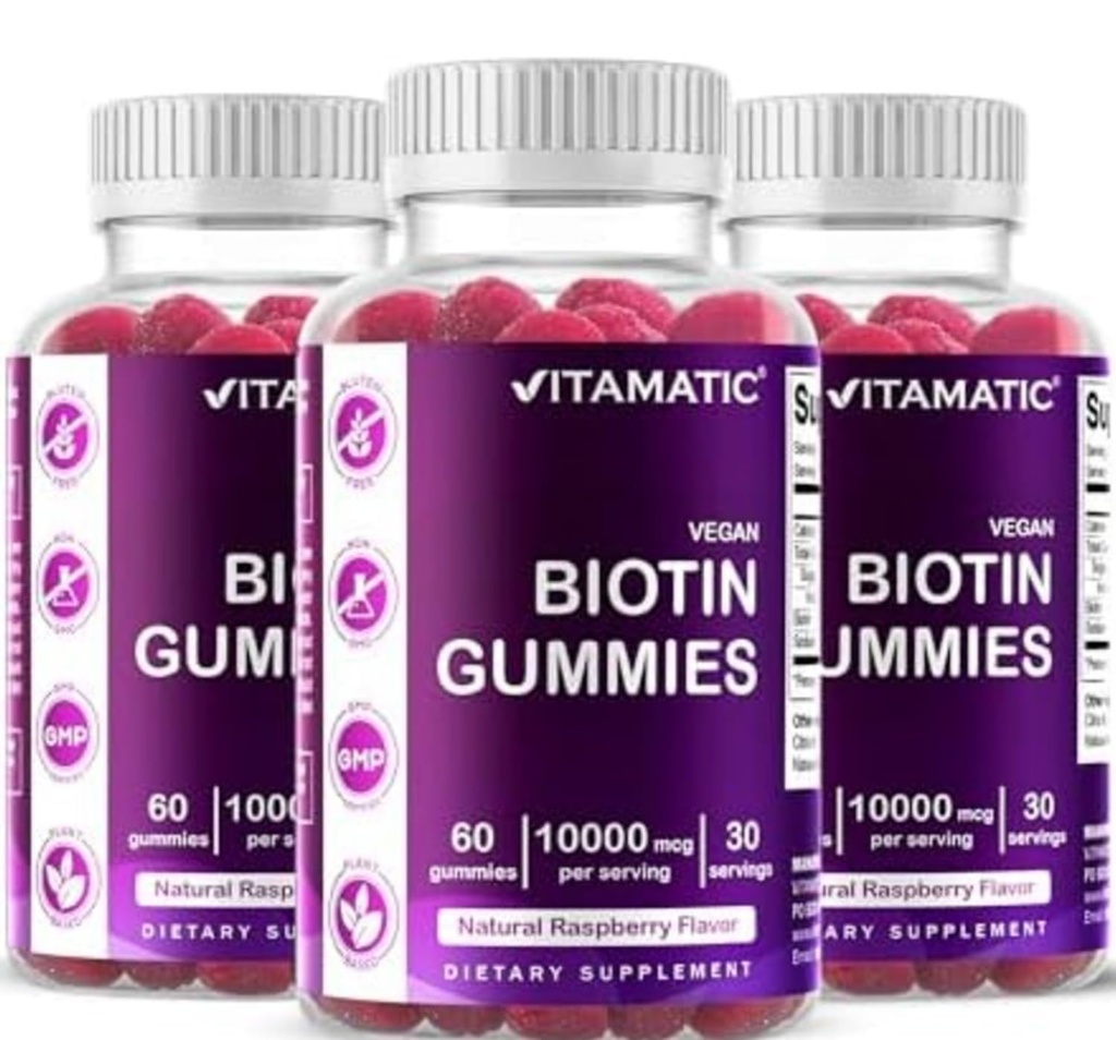 Vitamatski Biotin Gumies 10.000 mcg za močnejše lase, kožo in nohte - 60 Veganski gumiji - imenovan tudi vitamin B7 (3 steklenice)
