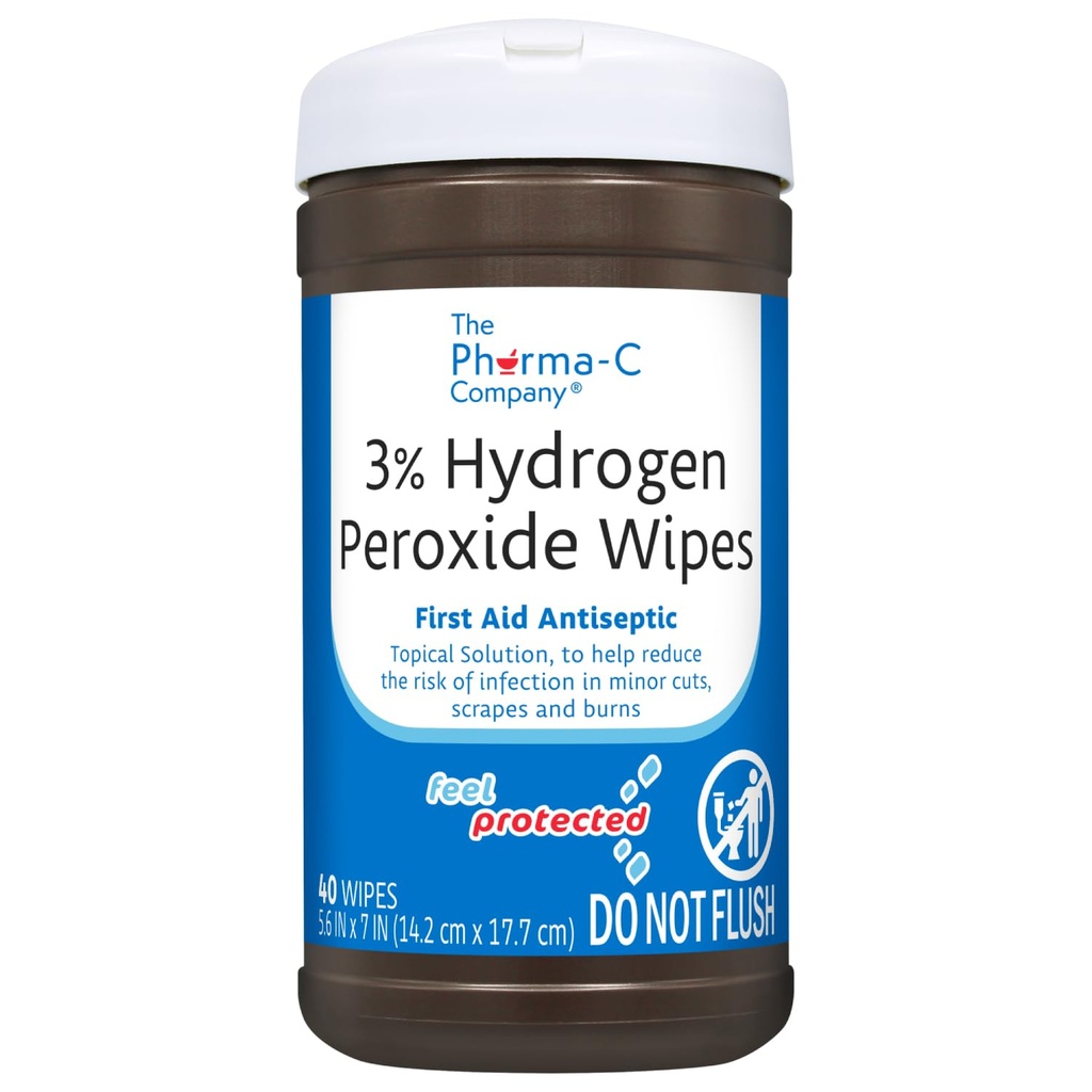 The Pharma-C Company - 3% Hydrogen Peroxide Wipes [40 wipes] | Skin-Safe First Aid Antiseptic Wipe. For Minor Cuts, Scrapes, and Burns. Moisture Lock Lid. No Sting, On-the-Go Wound Care.