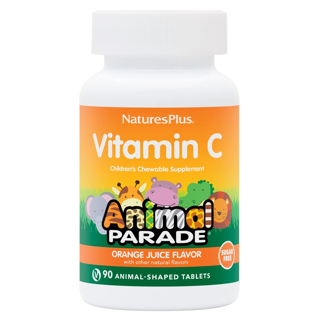 Nature Plus Animal Parade Sladkor brez sladkorja za otroke Vitamin C, naravni pomarančni sok aroma - 90 Žvečljive živalske oblike tablete - Imunska podpora - Gluten Free - 45 Serving