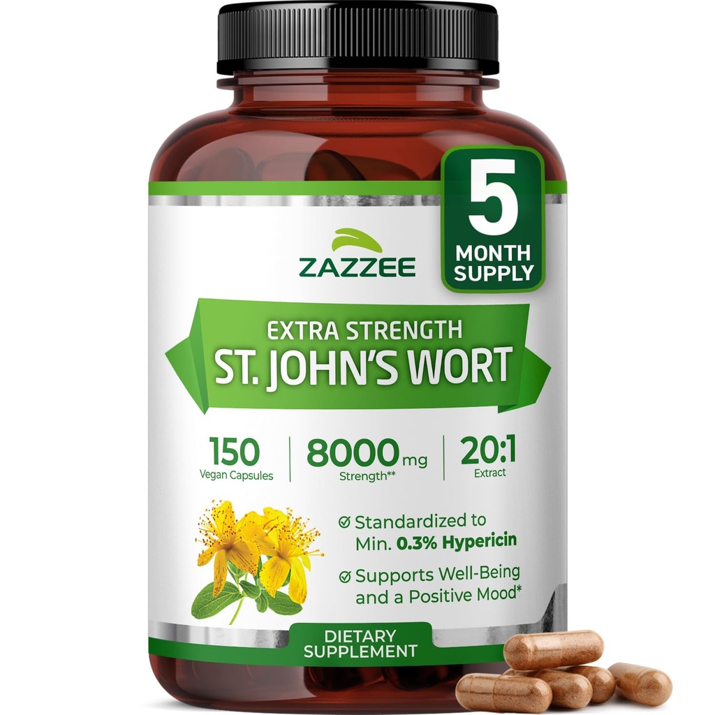 Zazzee Extra Jakost St. John's Wort 20:1 Extract, 8000 mg Jakost, 0,3% Hypericin, 150 Veganske kapsule, 5 mesecev zaloge, koncentrirano, standardiziran 20X ekstrakt, 100% vegetarijanski, ne-GMO, vse naravno