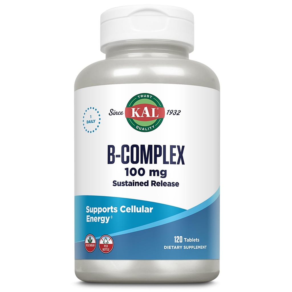 KAL B-100 Complex - trajen release Vitamin B Complex - Zdrava energijska podpora z naravno podporo in sveže Minty Coating - Vegetarian - 60 Day garancija - 120 Serving, 120 Tablete