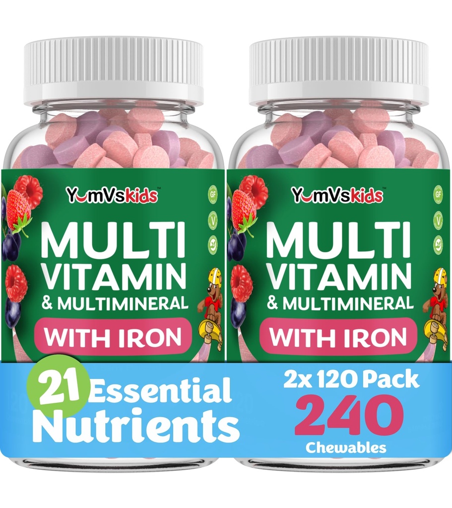 YUM-V'S otroci multivitaminski z železom - otroci žvečljivi multivitaminski - vitamini + železov dodatek - Toddlerjevi vitamini za 2 leto starosti+, Košir, Halal, Gluten prost 120 (Pack of 2
