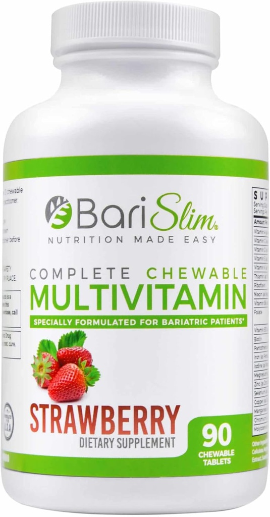 BariSlim popolni žvečljivi bariatrični multivitamin s 45 mg železa - bariatrični multivitamin za pobariatrično kirurgijo, vključno z želodčnim obvodom in želodčnim rokavom - jagoda (90 štev.)