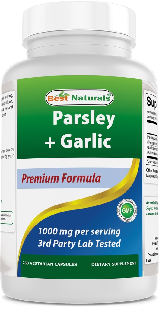 Best Naturals Petersley in Česen 1000 mg na Serving 250 Vegetarijanske kapsule. Brez glutena in brez glutena.