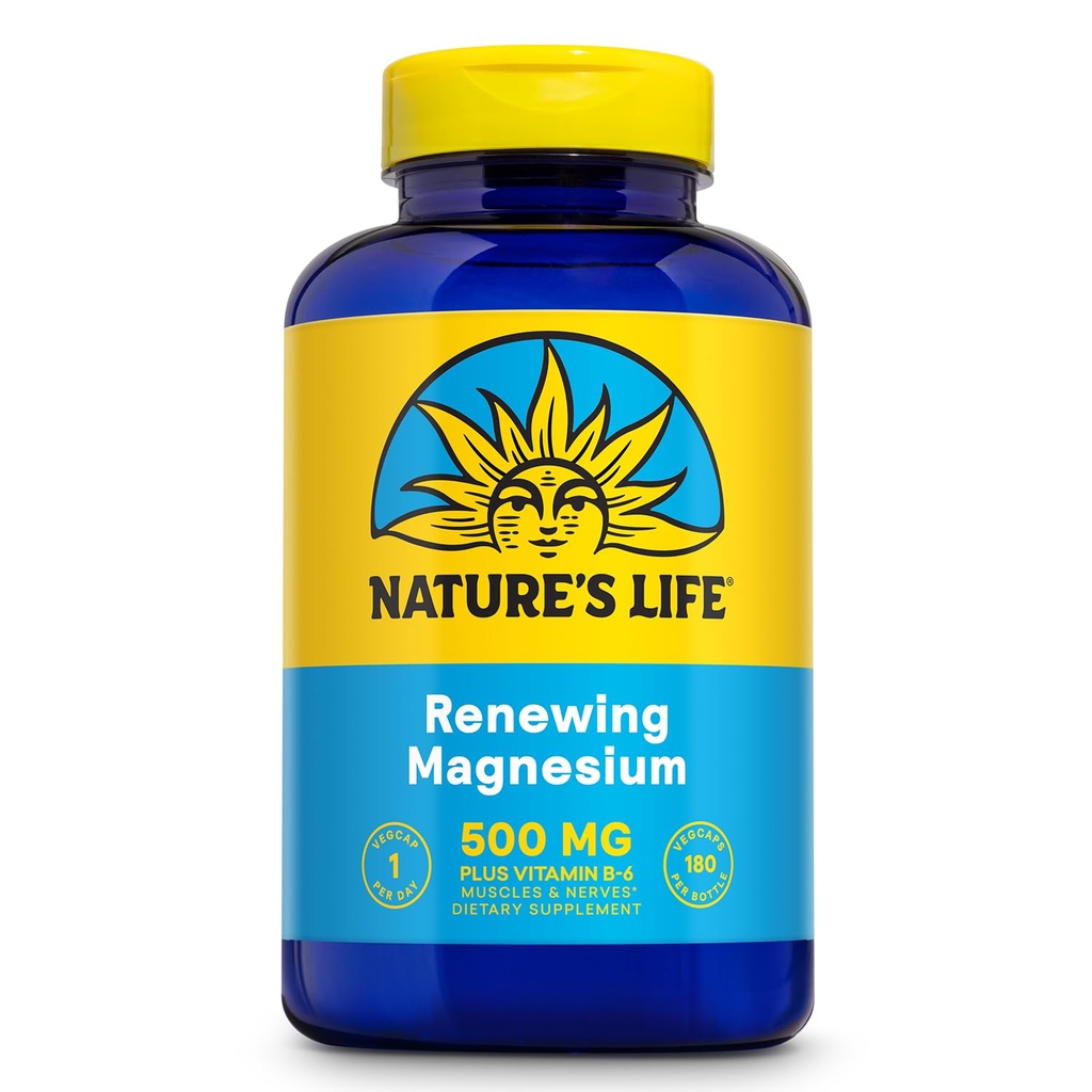 Natures Life Renewing Magnezij 500 mg - Plus Vitamin B-6 - Podpora mišicam in živcem - Laboratorij preverjen (180 Serving, 180 VegCaps)