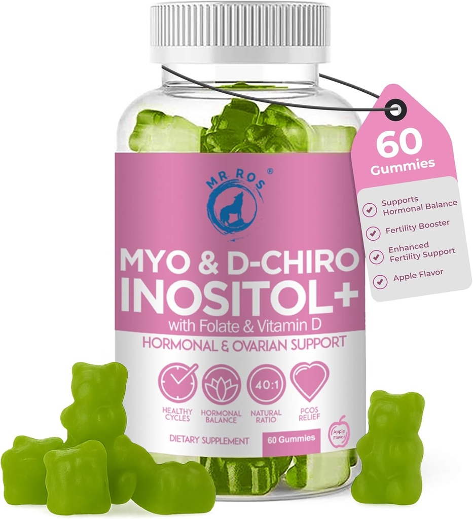 Inositol Gumies PCOS z Folat & Vitamin D - Myo & D-Chiro Inositol Mešanica, 40:1 Razmerje, 60 Apple Flavor Gumies