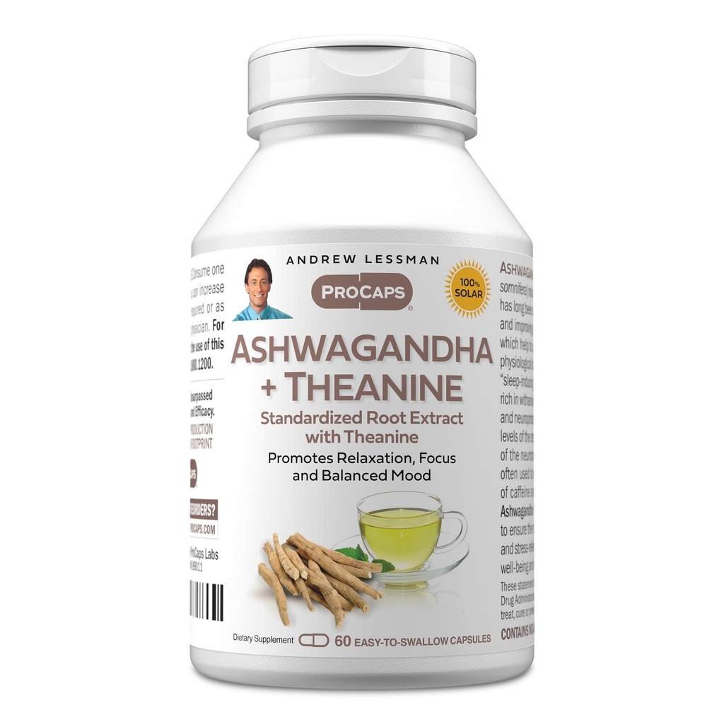 ANDREW LESSMAN Ashwagandha + Theanine 60 kapsul - standardizirani ekstrakt. Spodbuja sproščenost, osredotočenost in uravnovešeno razpoloženje. Majhne kapsule, ki jih je enostavno pogoltniti