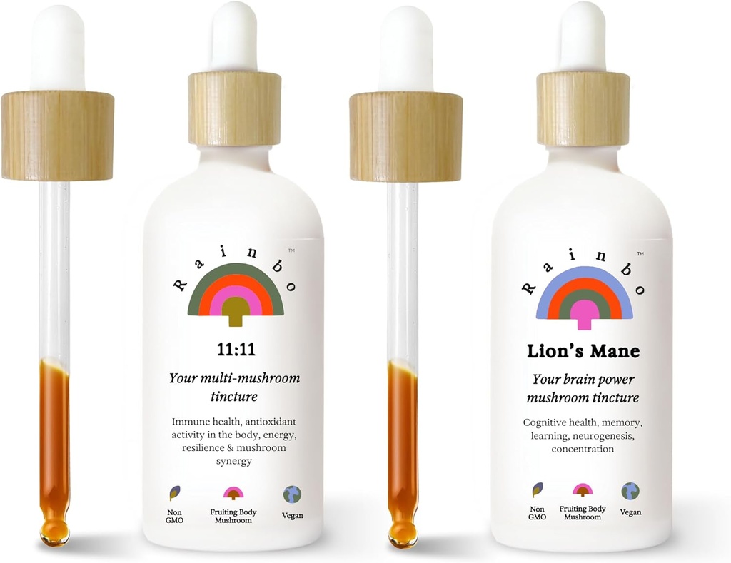 Rainbo Fan Fanite Bundele, 11:11 Multi goba ekstrakt + Levja grivasta goba Tinktura, Dual Extract Dnevna goba Tinkture za celovito imuno podporo, Veganske tekoče gobe dopolnila