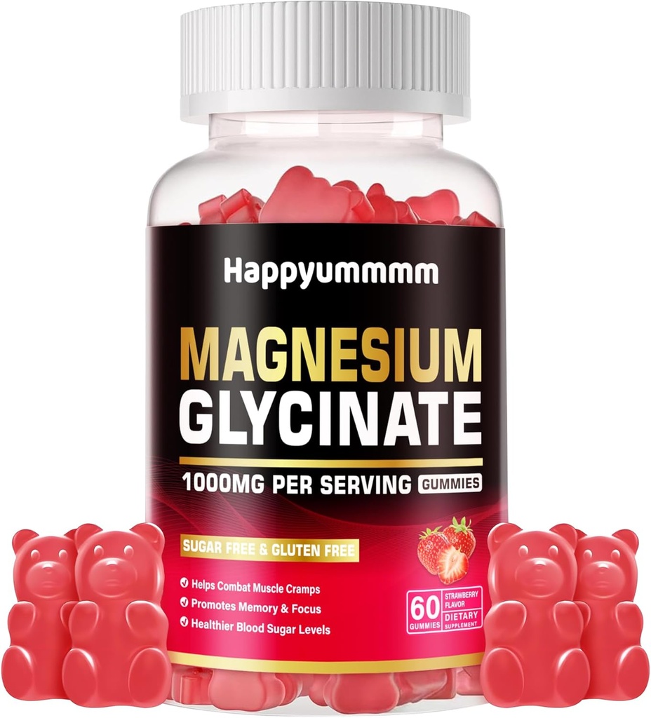 Magnezijev Glycinate Gumies 1000mg - Brez sladkorja Magnezijev Kalij dodatek z vitaminom D, B6, CoQ10 za mirno Mood & Sleep Support - 60 Jagode Gumies.