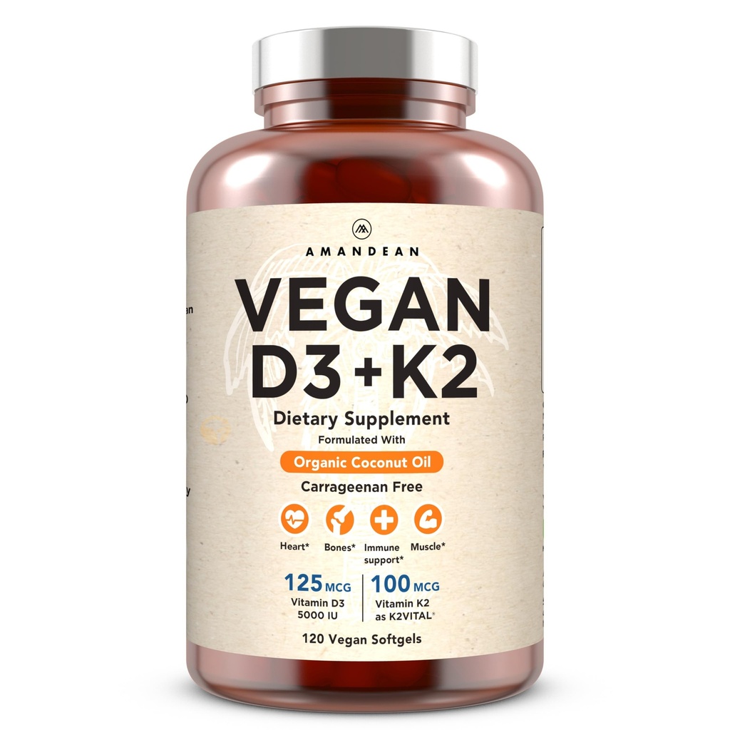 AMANDEAN Vegan Vitamin D3 K2. 5000 iu iz Algae. All-Trans MK-7. 120 Softgels. Rastlina-based & Carrageenan Free. Organsko kokosovo olje mešanica. za Mood, Kosti, Srce, Imunsko zdravje (Packating May Vary)