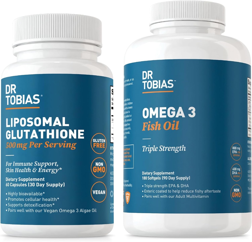 Dr. Tobias Omega 3 Ribje olje in liposomski glutation - podpira imunske funkcije, zdravje kože in absorpcijo hranil - Ne-GMO