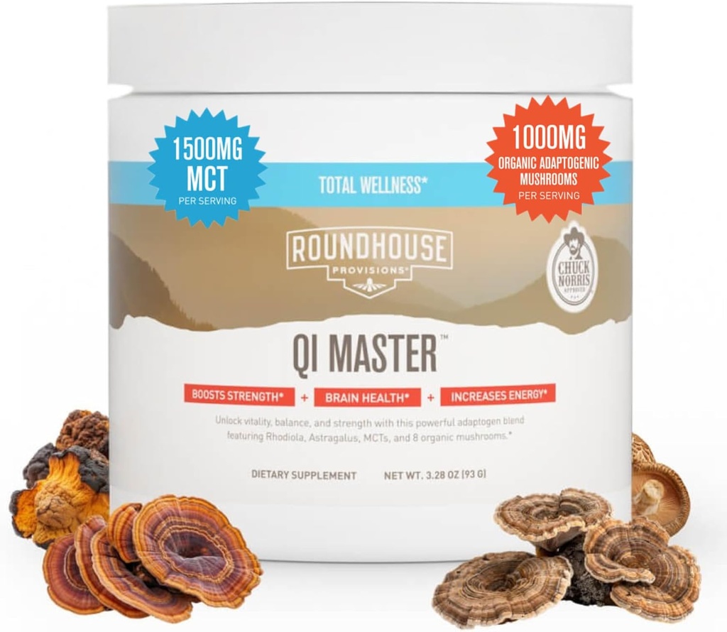 ZAGOTAVLJANJE ROUNDHOUSE Qi Master Adaptogen Mešanica, Zemeljska goba aroma z Astragalus Root, Rhodiolife Extract, MCT, 8 Organske gobe (30 Scoops) Chucka Norrisa