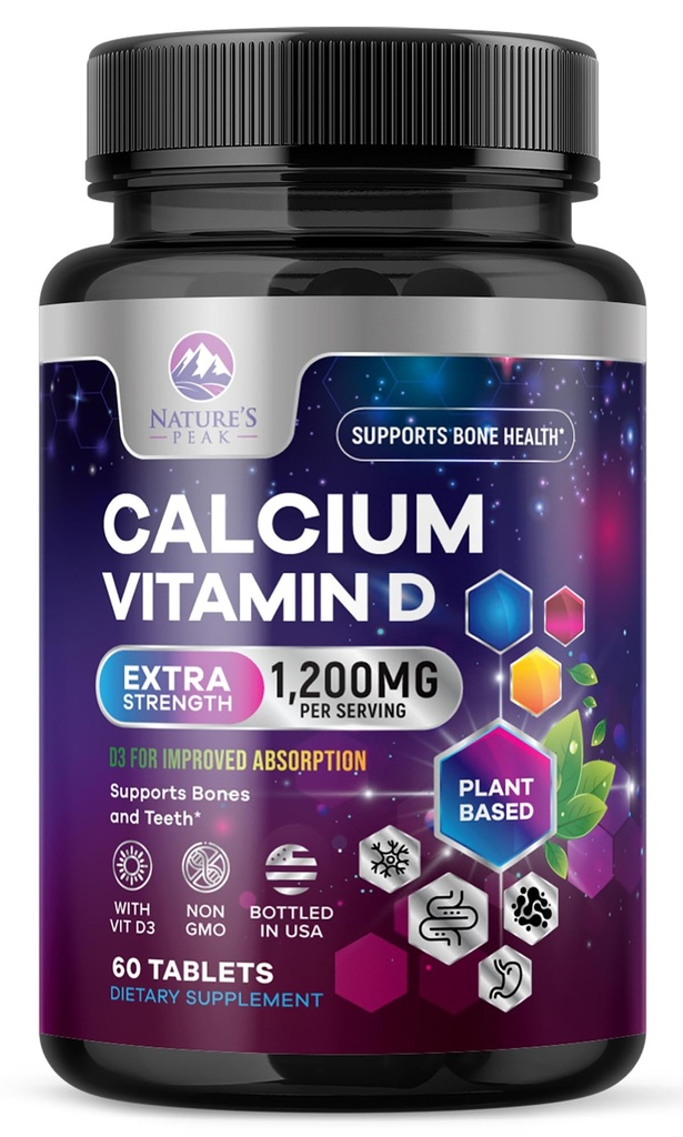 Kalcij 1200 mg z vitaminom D3, kalcij dodatek vitamini, kosti, zobje in imuno zdravje podpora, kalcij dopolnila z D za ženske in moške, naravni absorbtivni kalcijev karbonat - 60 tablet