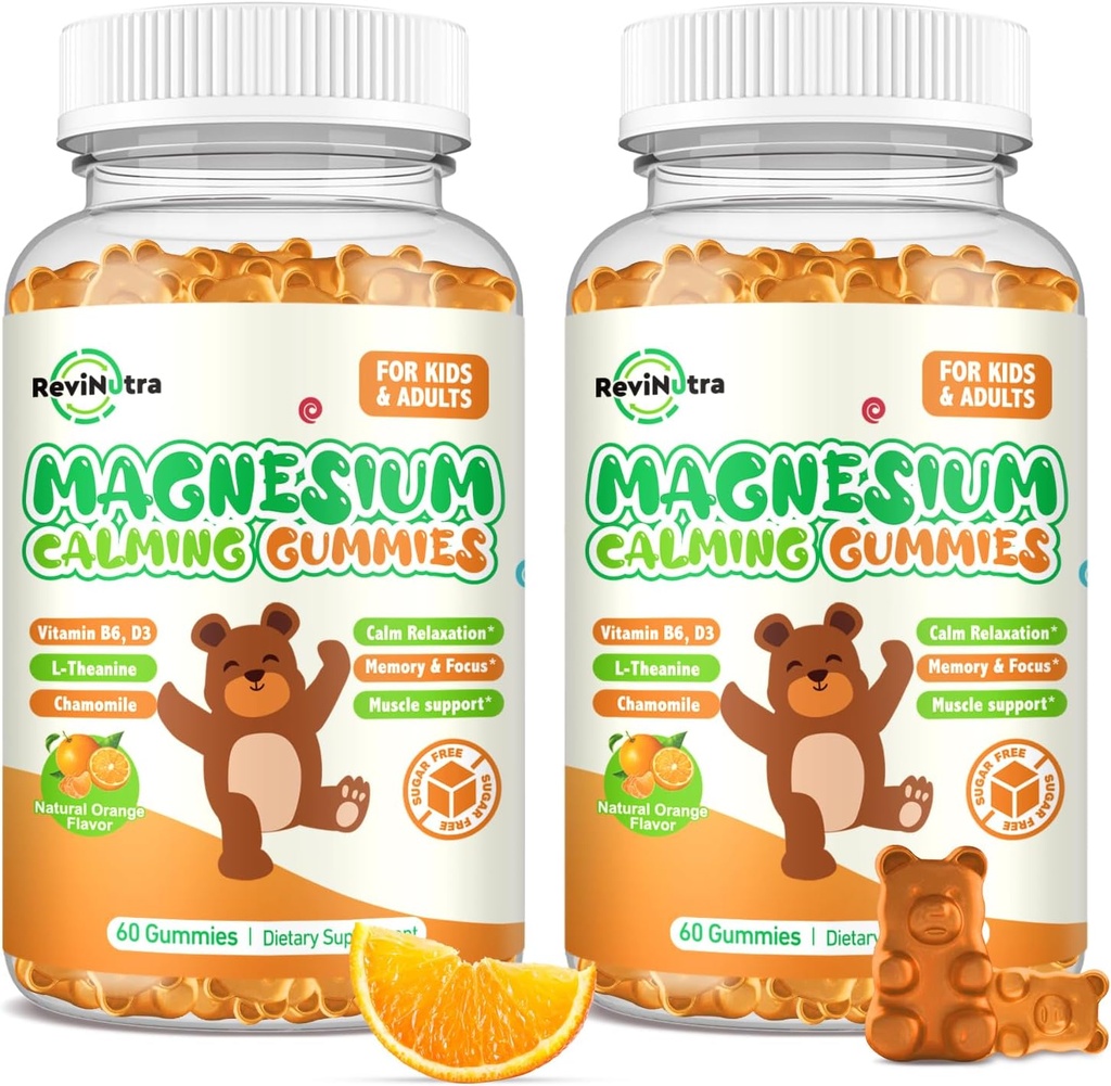 Magnezij Gumies za otroke - Magnezij Glicinat Gumies dodatek z L-teanin, vitamin B6, D3 za odrasle in otroke, Calm Magnezij za spanje, sprostitev, možgani, kosti, Sugar Free Orange 120ct