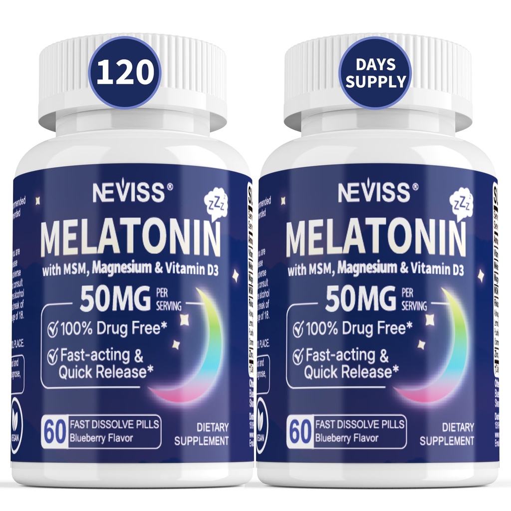 NEVISS melatonin 50 mg za odrasle - dodatna moč 9- v-1 hitro raztapljanje podjezično - visok odmerek z magnezijevim glicinatom, vitamin D3, Ashwagandha, limonin balzam, kamilica, brez sladkorja,vegan 120 tablet