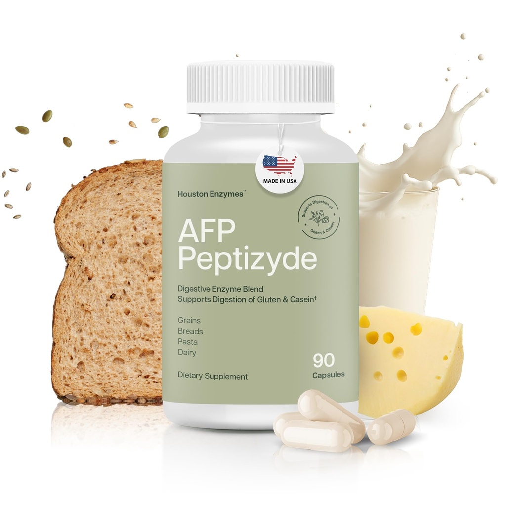 Houston Encimi AFP Peptizyde - prebavna encimska kombinacija za beljakovine, kazein in gluten - prebavne encime za ženske in moške (90 kapsul)