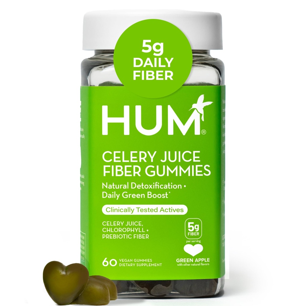 HUM Zelena Juice Fiber Gumies za odrasle, Prva Prebiotična zelena Zelena Juice Gummy, Gluten Free Fiber dodatek podpira razstrupljanje, Gut zdravje, Zeleni Gumies, Klorofil & Prebiotic Fiber, 60 Število