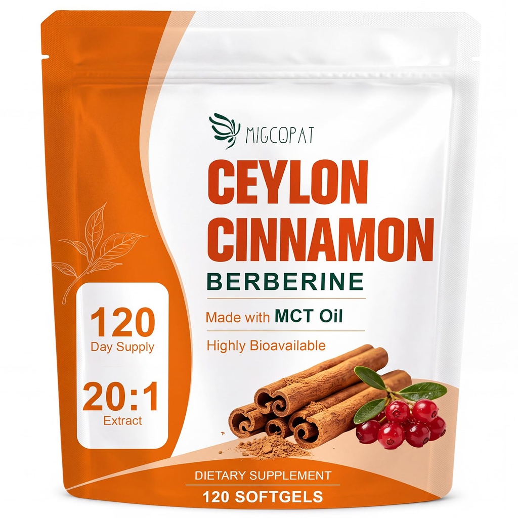 Ceylon Cinnamon Capsules with Berberine & MCT Oil, 120 Day Supply | 20:1 Extract Ceylon Cinnamon with MCT Oil, Highly Bioavailable Softgels for Metabolic & Energy Support, Non-GMO, Gluten-Free