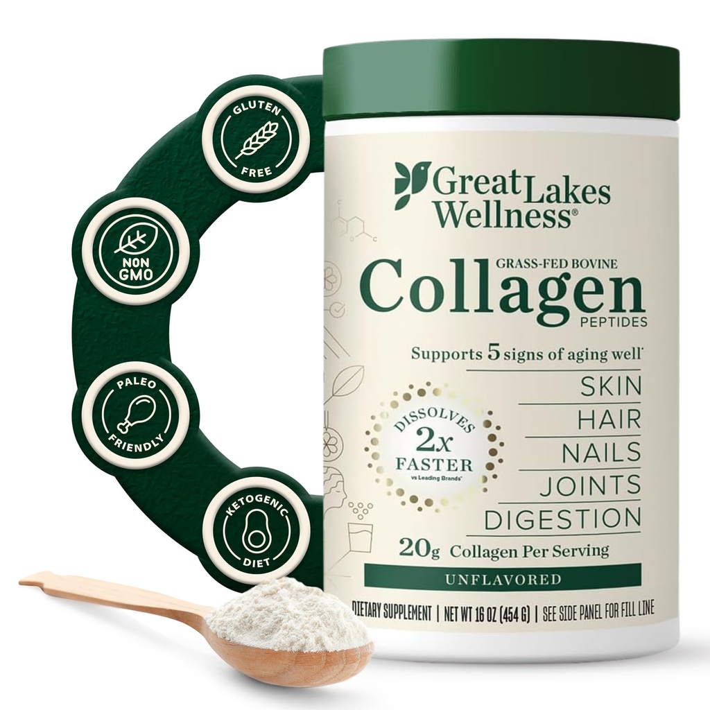 Velika jezera Wellness Kolagen Peptide Powder for Skin, Hair, Nohti, Joints & Digestion - Nearomated - Hitro raztapljanje hidroliziran, ne-GMO, Keto, Košir - 16oz