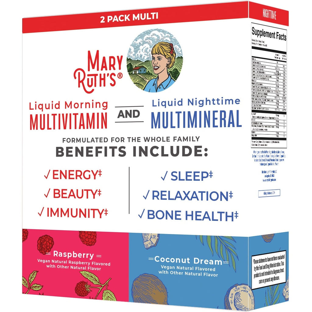 MaryRuth Organics Liquid Morning Multivitamin & Liquid Night Time Multimineral Bundle, Vegan Vitamin C, Vitamin D, B Complex, Magnezij, Energija, Lepota, Podpora za spanje, NO Melatonin, 32 Fl Oz vsak