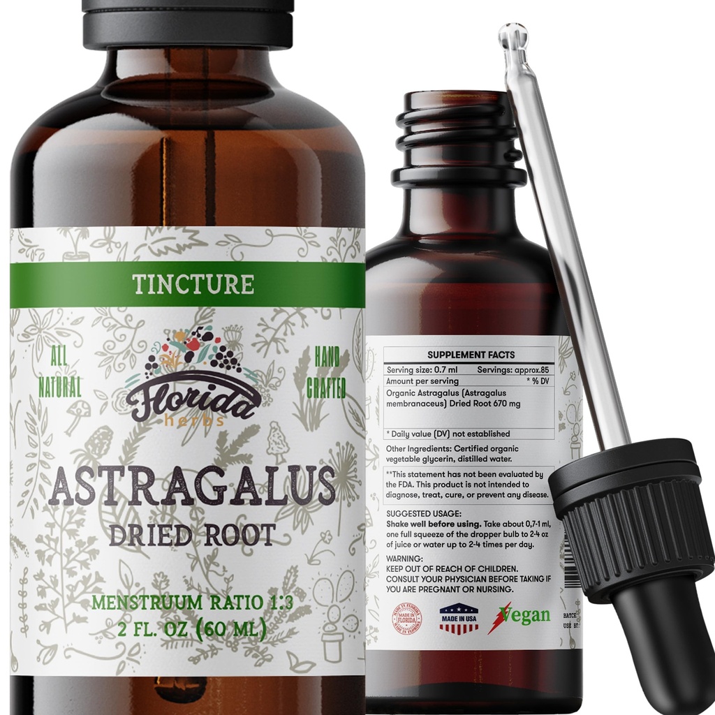 Astragalus tinktura, organski izvleček Astragalus (Astragalus membranaceus) Zeliščni dodatek, ne-GMO v hladno pripravljeni organski zelenjavni glicerin, 700 mg, 2 oz (60 ml)
