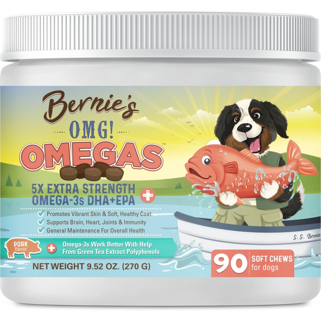 Bernijev OMG! Omega žveči za pse - 5X ekstra moč DHA+EPA, ribje olje, zdrava koža in plašč, alergija Relief, skupni dodatek (Pork Flavor)