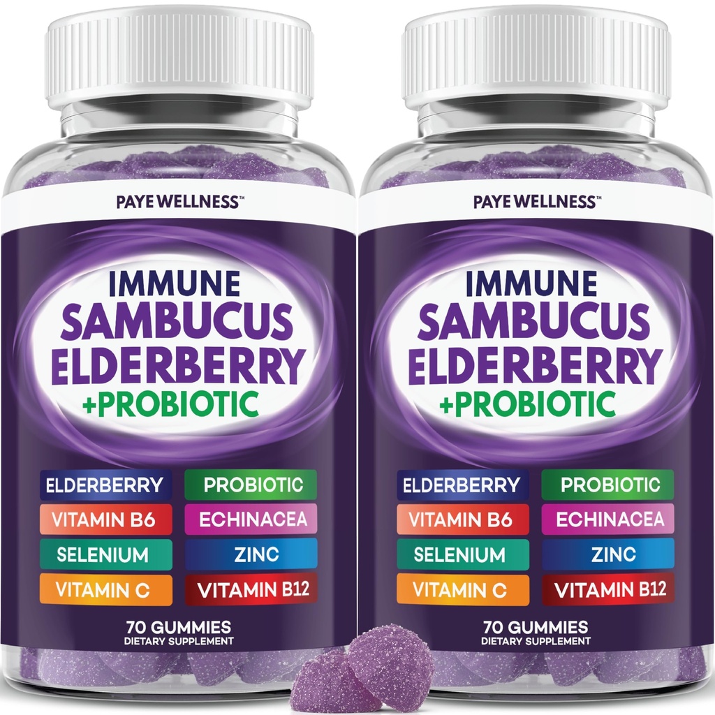 Bezgove jagode Imunska podpora, Dnevna podpora za otroke in odrasle*, s Sambucus Bezgove jagode, cink, vitamin C, D3, B6, B12, Plus - Dietni dodatek - 140 Count