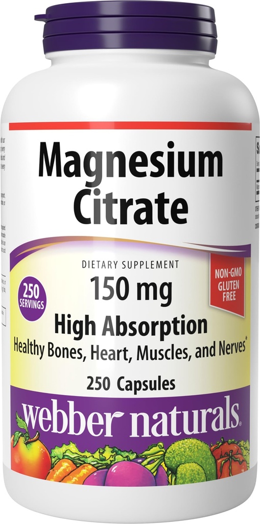 Webber Naturals Magnezijev citrat, 150 mg na kapsulo, 250 kapsul, visoka absorpcija, pomaga pri podpiranju kosti, zob in pravilno delovanje mišic in srca, Gluten & Dairy Free