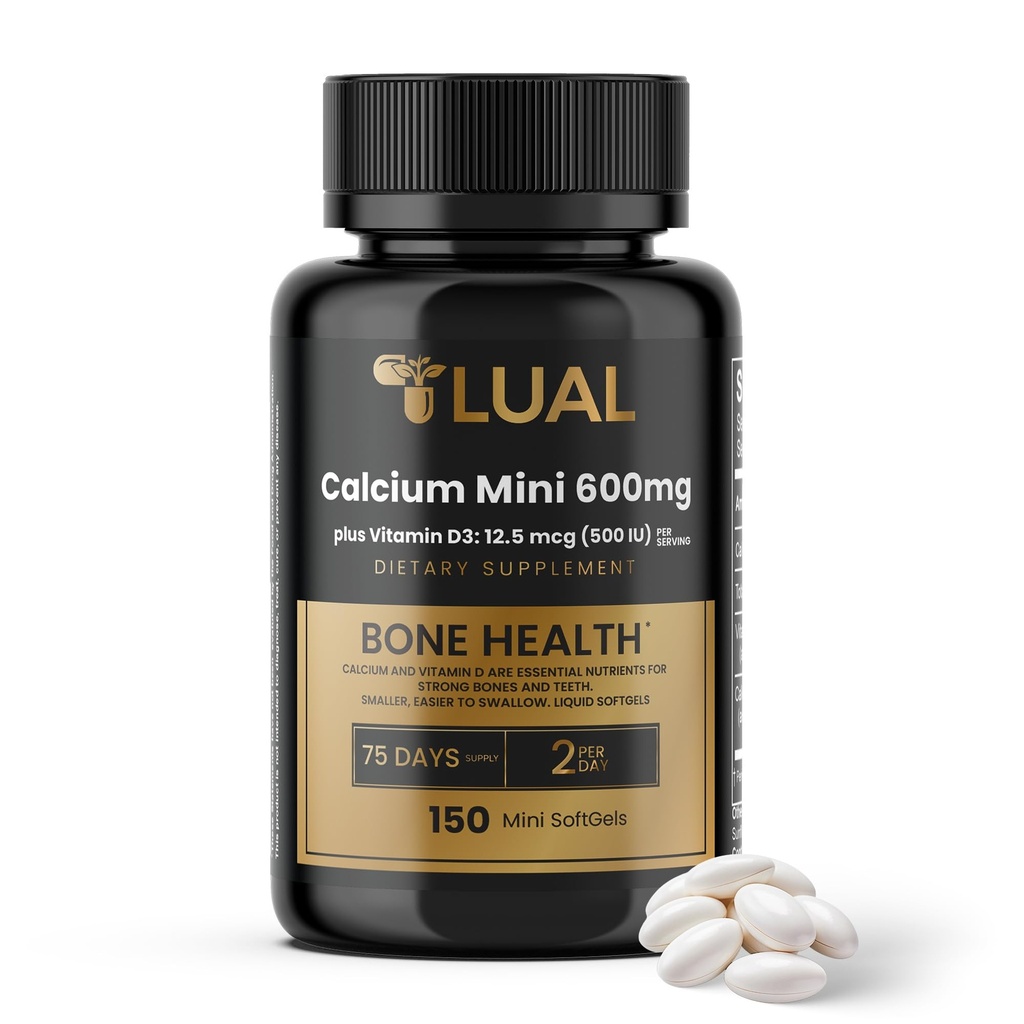 LUAL Calcium Minis 600 mg z vitaminom D3 - podpora za kosti in mišice - 150 Mini softgels - enostaven za požiranje - kalcij & D3 za močne kosti in mobilnost