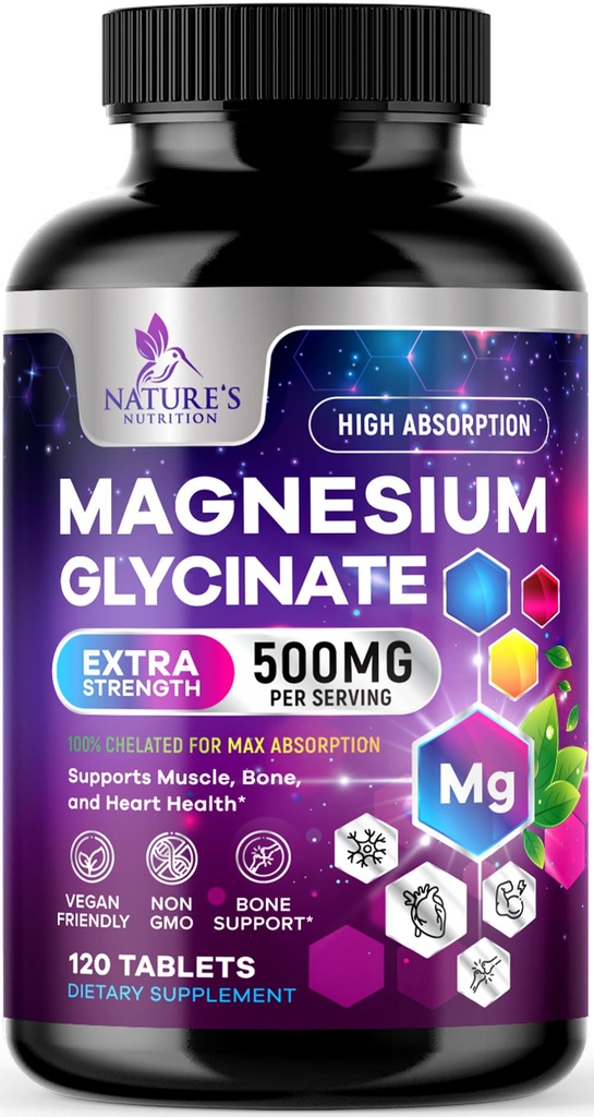 Magnezij Glycinate 500mg - Chellated for Ultra Absorption - podpira kosti, mišice, živcev in srca, podpora za spanje narave, najboljše tablete magnezija za podporo celega telesa - 120 tablet