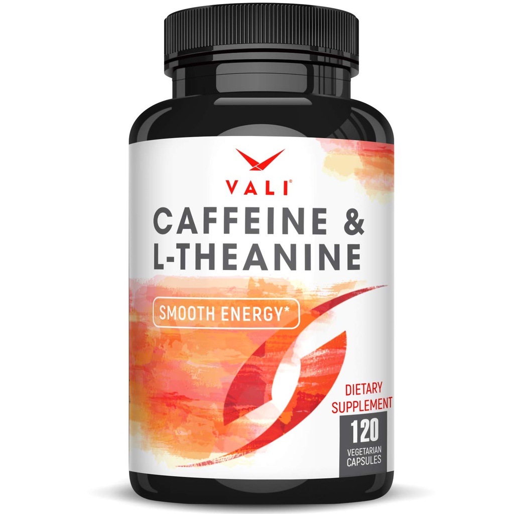VALI Caffeine 50mg & L Theanine 100mg - Kofeinske tablete & L-Theanine za pametno gladko energijo in fokus dodatek. Nootropic Brain Booster Cognitive Support Stack & Focused Clarity. 120 Veggie kapsul