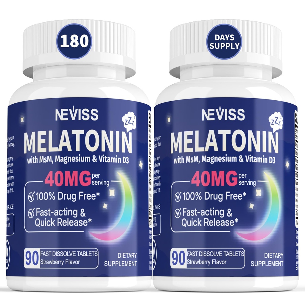 Melatonin 40 mg za odrasle - hitro raztapljanje in žvečljivo podjezično spanje dodatek - ekstra moč melatonin z vitaminom D3 & MSM, Selen za zdravljenje počitek cikel, globoko Zzzs, sladkor brez, 180 Servinges