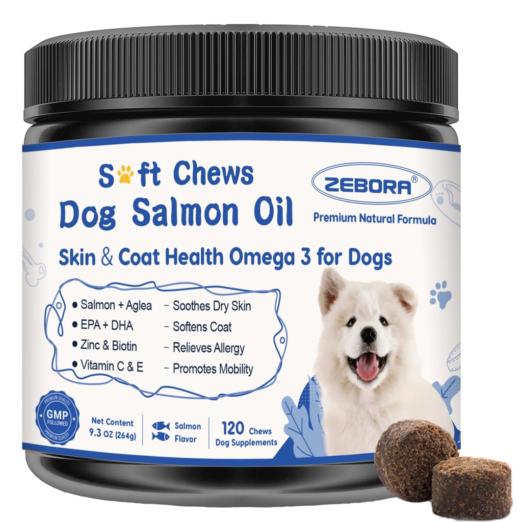ZEBORA Omega 3 6 9 Salmon Oil for Dogs, Skin & Coat Health, 120 Count | Fish Oil Soft Chews with EPA, DHA, and Vitamins C and E, Itchy Skin Relief, Allergy Relief, and Shedding Support