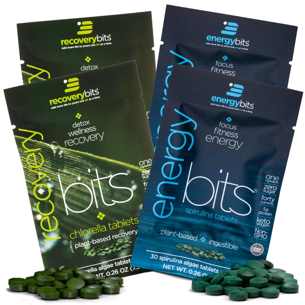 ENERGYBITS/RECOVERYBITS - Organic Spirulina & Klorella tablete - Enodelni servacijski vzorčni paketi - Alge Superfood - visoki proteini, klorofil - samooskrba - Vegan, Keto, Gluten Free - 4 vrečke, 30/Bag
