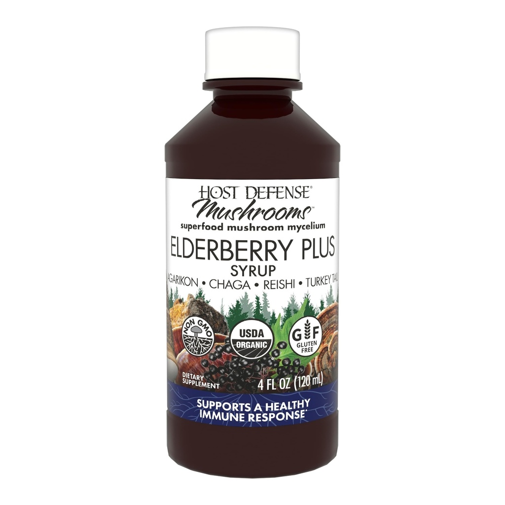 Host Defense Elderberry Plus Sirup - Imunska, dihalna in pljučna podpora dodatek* - Tekoča goba dodatek s Turčijo Tail, Reishi, Agarikon & Chaga* - 4 fl oz (12 Servings)