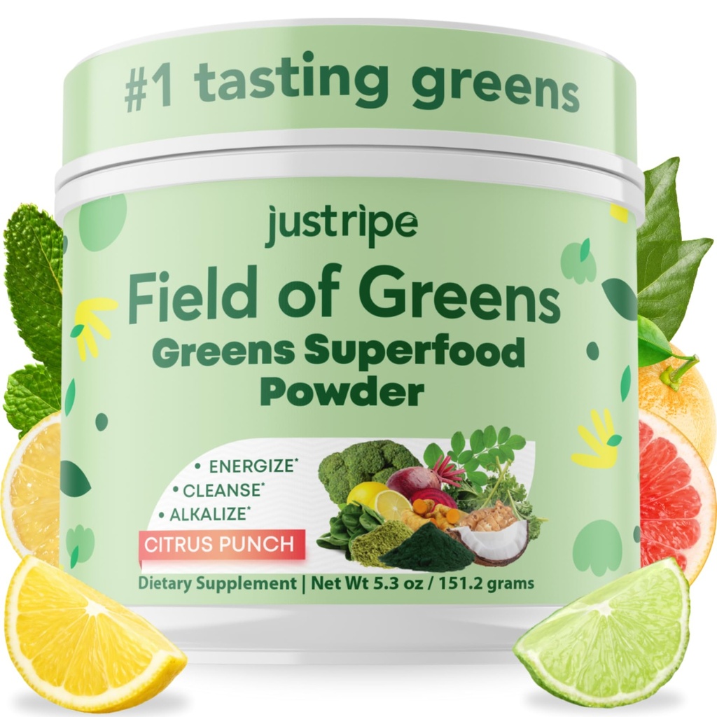 Field of Greens Superfood Powder with Organic Spirulina, Klorella, Beet Root Powder - Bacillus Coagulans Probiotic, A rastlinsko-based Mix podpirajo Gut Health, Immuniteta, Bloom in Health, 28 Scoops (1)