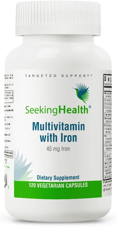 Iskanje Zdravje Multivitamin z železom, 45 mg kelirano železo, aktivni vitamini B Plus L-5-MTHF, podpira zdravo imunski sistem in proizvodnjo energije, vegetarijanske kapsule (120 kapsul)