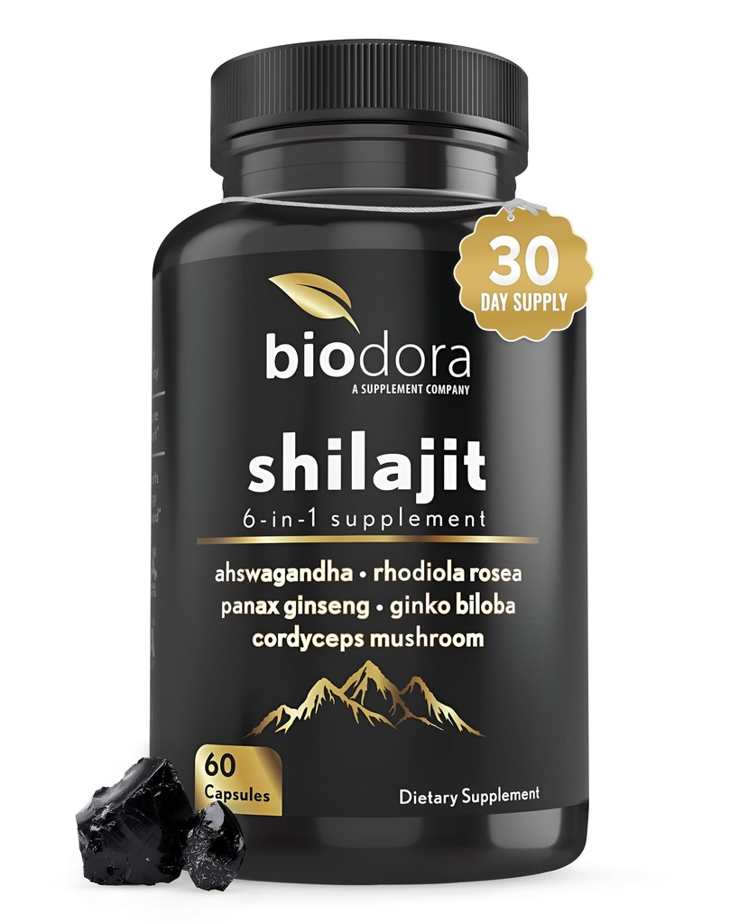 6-in-1 Shilajit dodatek 300mg, Mood in energijska podpora dodatek s 60mg Pure Ashwagandha, Rhodiola Rosea Panax ginseng za imuno podporo, spomin in fokus, 85+ Trace Minerals, 60 kapsul