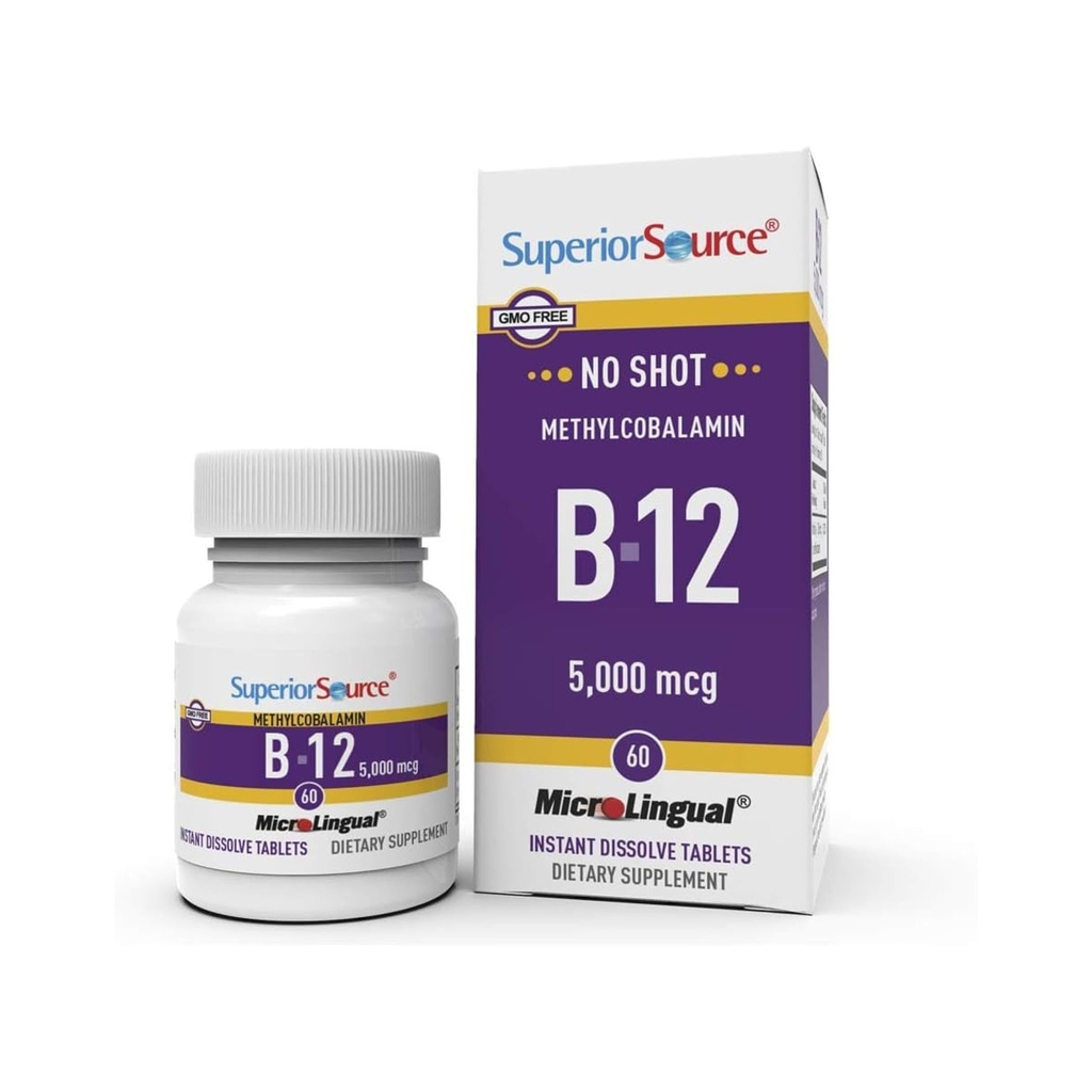 Superior vir No Shot Metilkobalamin B-12 5000 μg - Vitamin B-12 za podporo proizvodnje energije, zdravje možganov in splošno dobro počutje - Podjezične tablete za hitro absorpcijo - 60 Raztapljanje tablete