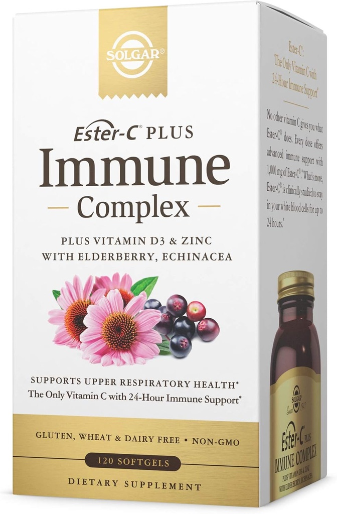 Solgar Ester-C Plus Imunski kompleks -120 Softgels, 24-urna imunska podpora, podpira zdravje zgornjih dihal - Plus D3, Cink, Bezgove jagode in Echinacea - Non-GMO, Gluten Free, Dairy Free - 60 Servings,