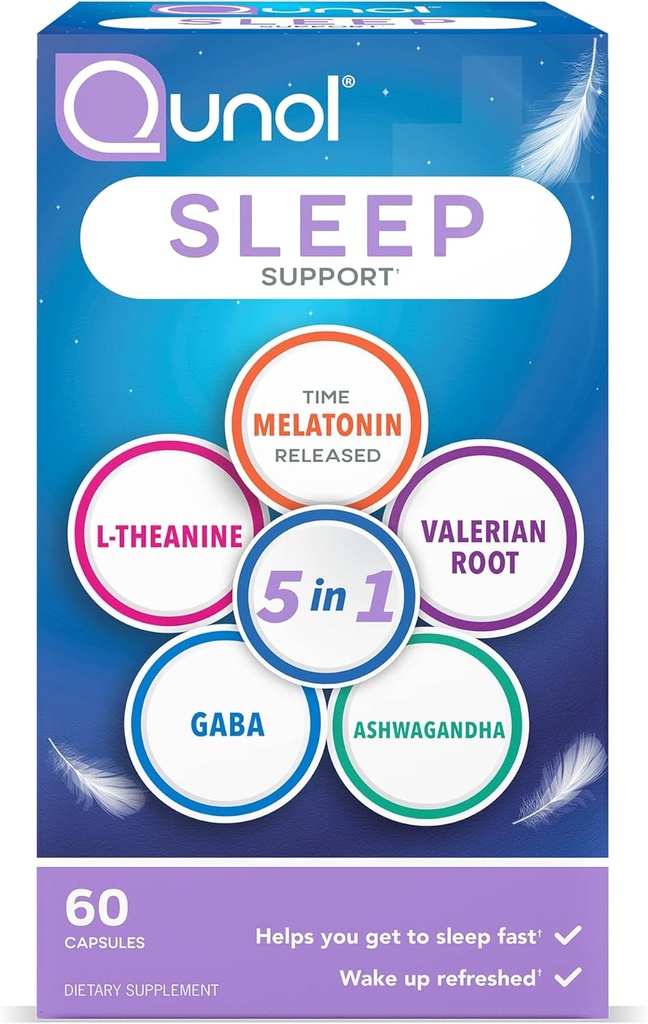 Qunol Sleep Support, 5 v 1 Non-Habit Forming Sleep Aid, Dodatek s časovno sproščeno Melatonin 5mg, Ashwagandha, GABA, Valerian Root, L-Theanin, 60ct kapsule