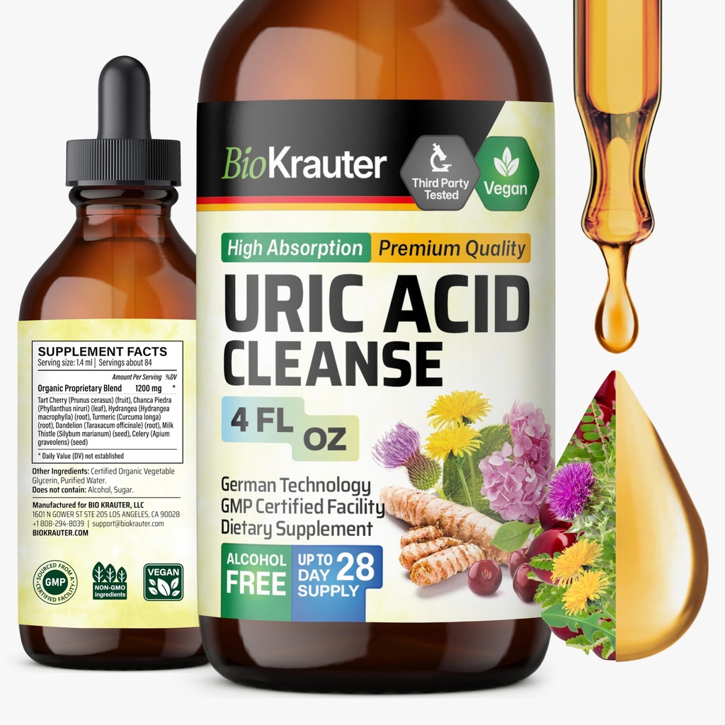 BIO KRAUTER Podpora sečne kisline Tinktura - Naravna ledvica dodatek w/Tart Cherry, Milk Thistle, Kurkuma zeliščni tekoči ekstrakti - Veganske kapljice 4 Fl.Oz.