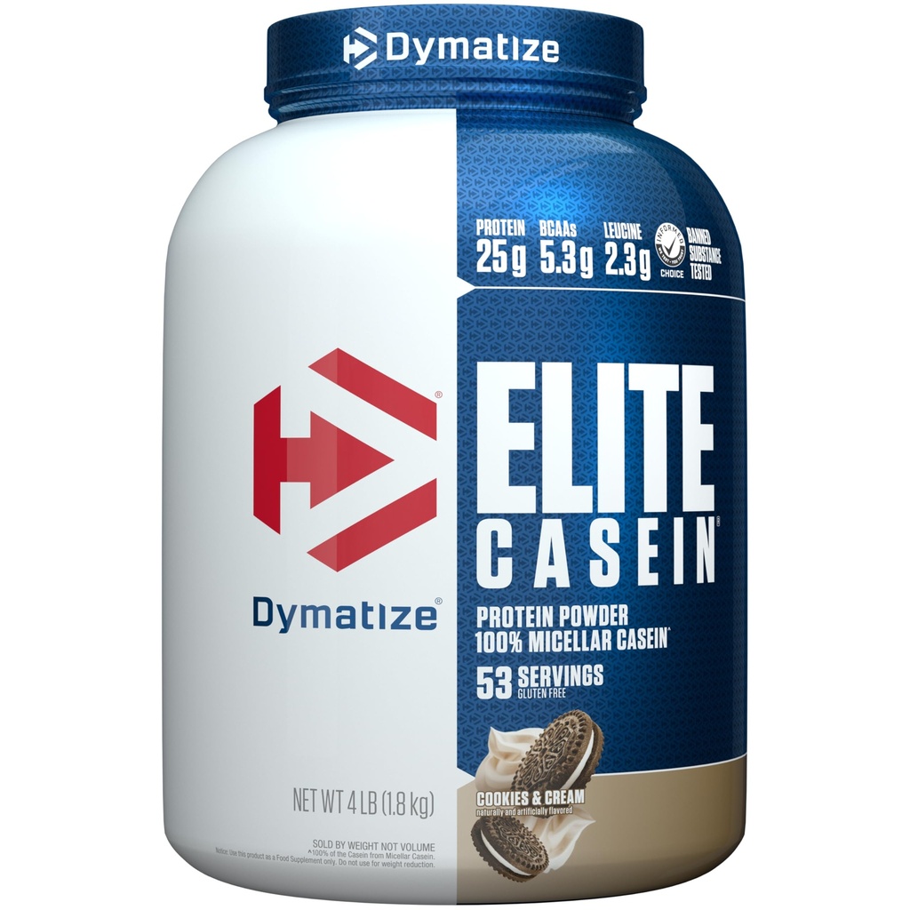 Dymatize Elite Casein Protein Powder, Cookies & Cream, 100% Micellar Kazein, 25g Protein, 5.4g BCAA, 2.3g Leucin, Počasno absorbiranje za čeznočno okrevanje mišic, 4 lb (53 Serving)