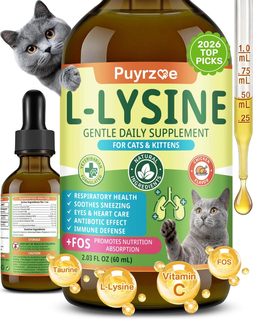 Lysine for Cats, L-Lysine for Cats Drops, Respiratory & Immune Support | Cat Lysine for Sneezing, Runny Nose & Watery Eye Relief, Cat Lysine Supplement with Taurine & Vitamins, 60 mL, Chicken Flavor