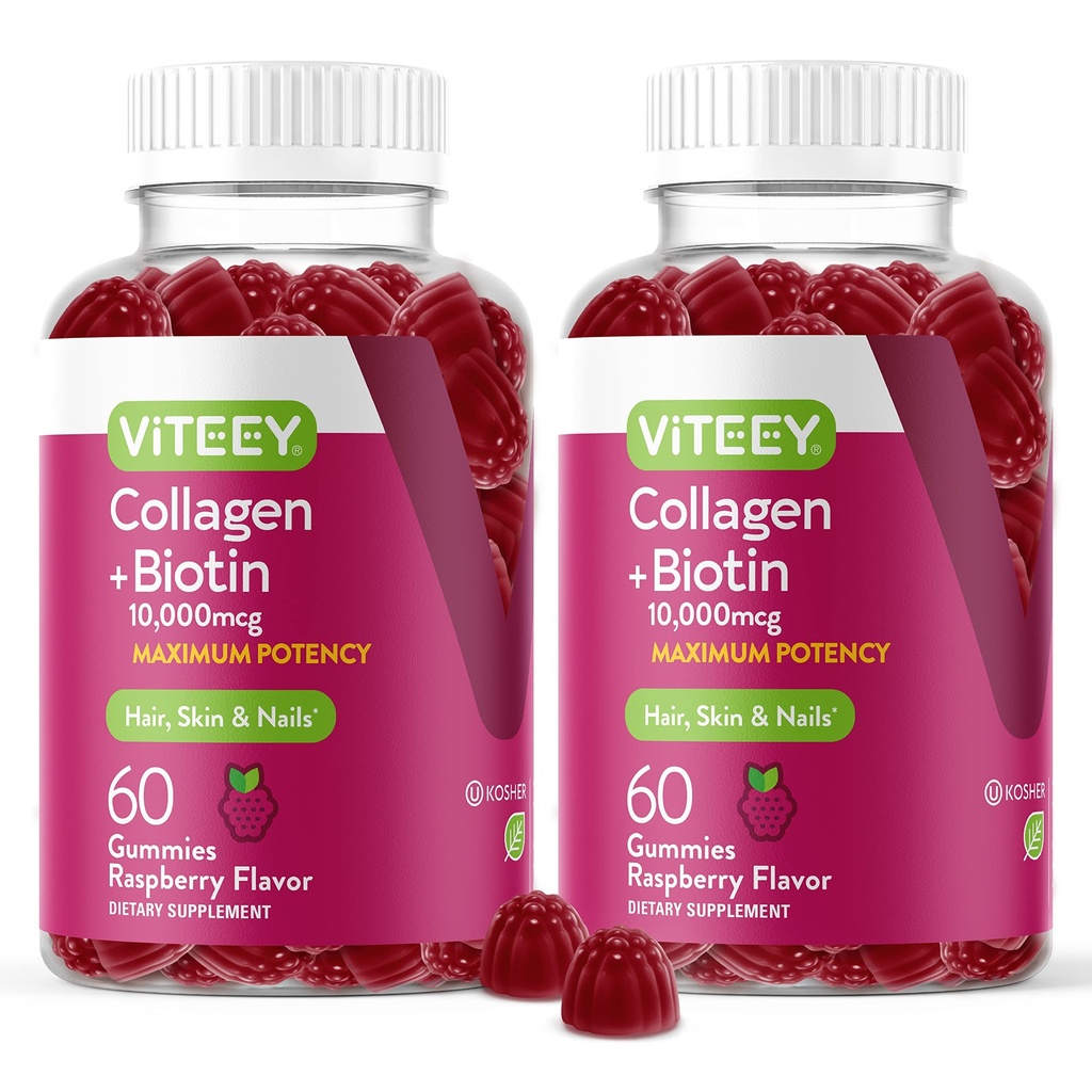 Viteey Collagen Gumies z Biotin Gumies za lase kože in nohte Vitamini - Biotin in kolagen dopolnila za ženske in moške - Vegan, Gluten-free – 120 Count